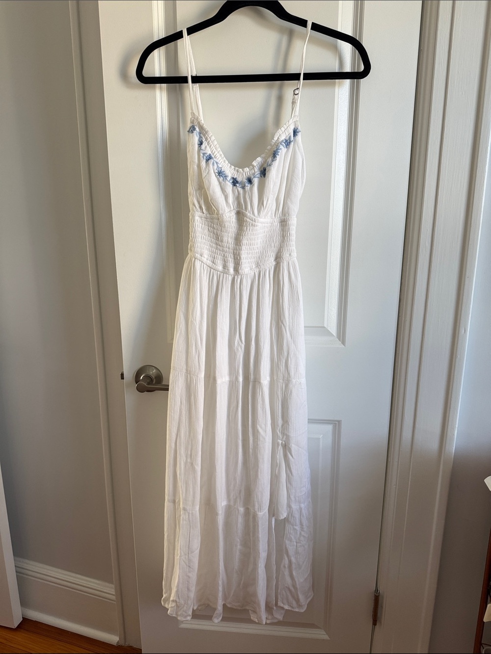 Hollister White Maxi Dress with Blue Embroidered Neckline